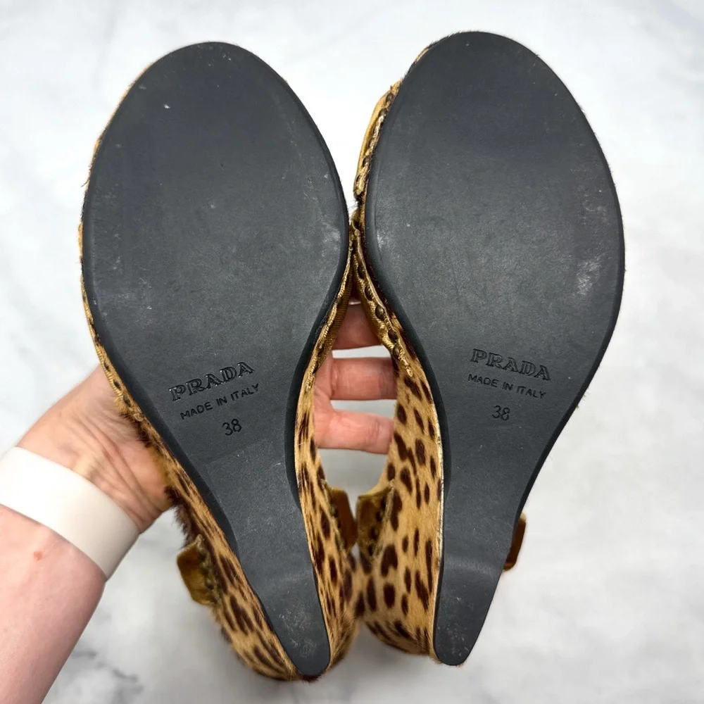 PRADA Vintage Y2K Velvet Leopard Calf Hair Leather Platform Wedge Sandal Heel 38